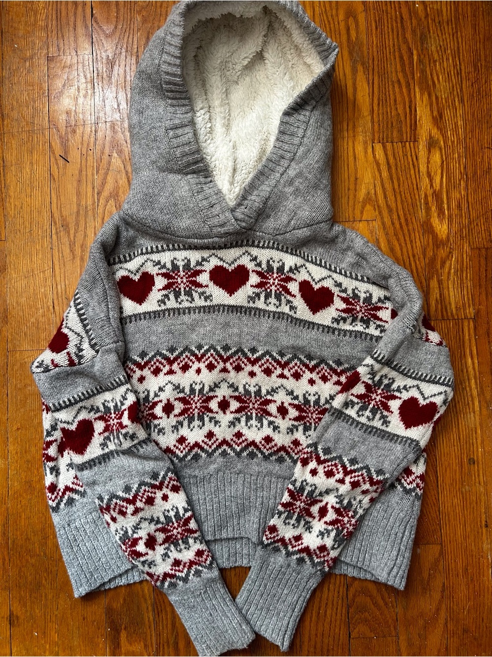ruby moon Gray Hooded Fair Isle Sweater with Red Hearts